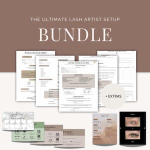 May include: A collection of lash artist setup forms and cards. The forms include a patch test, consultation, and treatment history record. The bundle also includes a price list, loyalty cards, and appointment cards. The word "BUNDLE" is displayed in large, bold letters.