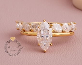 Marquise Lab Grown Diamond Bridal Set, Marquise Engagement Ring Set, Gold Wedding Ring Set, Stackable Diamond Band, Gift for Her
