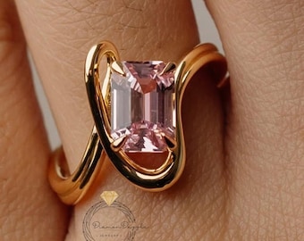 18K Yellow Gold Ring - Light Pink Cubic Zirconia, Bridal Jewelry