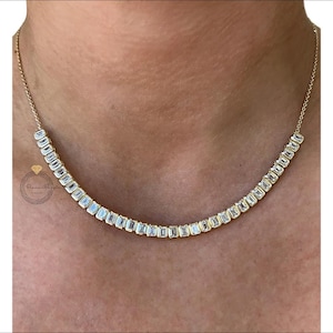 Emerald Cut Moissanite Tennis Necklace | 14K Gold Necklace | Dainty Statement Jewelry | Minimal Wedding Necklace | Anniversary Gift for Her
