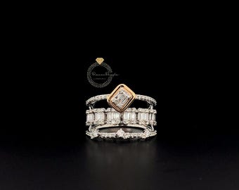 2.2 CT Moissanite Wrap Ring | Two-Tone Gold Statement Ring | Three-Band Modern Asymmetrical Engagement Ring | Diamond Ring