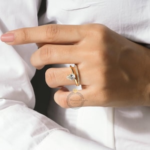 1.5 CT Pear Cut Engagement Ring | 14k Gold Curved Wedding Band | Unique Bridal Ring Set | Diamond Solitaire & Pave Band | Minimal Jewelry