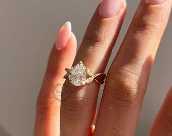 Pear Cut Diamond Ring in Yellow Gold | Unique Leaf-Inspired Engagement Ring | Nature-Inspired Bridal Jewelry | Handmade Ring