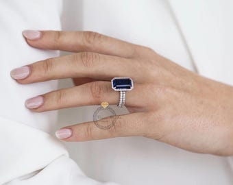Ring med smaragdslipning i blå safir och baguettediamant | Art Deco-halo förlovnings- och vigselring | Vintageinspirerade brudsmycken