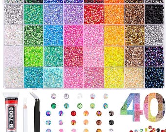 Multicolor Jelly Resin Rhinestone Kit with B7000 Glue and Tools in Clear Organizer Box | 40 Mixed Colors Flatback Gems