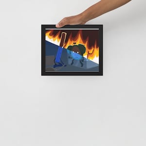 Può includere: Un'illustrazione digitale di un personaggio blu con un cappello marrone e una figura di bastone blu che tiene un bastone blu. Lo sfondo è un mix di fiamme arancioni e gialle.
