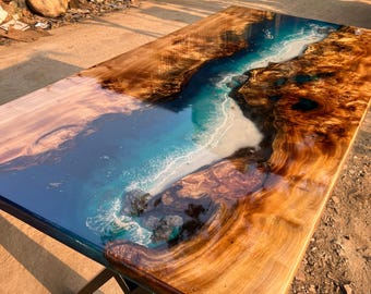 Personalized Epoxy Resin Ocean Table, Personalized Resin Epoxy Table Top with Boat, Starfish, Seashell, Dining Room Table, Living Room Table