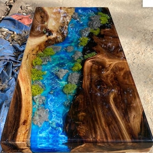 Customized Ocean Landscape Epoxy Resin Table, Custom Live Edge Epoxy Table Top, Nature-Inspired Dining Table, Artistic Wood, Resin Furniture