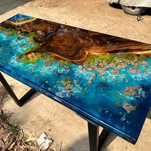 Luxury Ocean Epoxy Table, Live Edge Wood Coastal Furniture