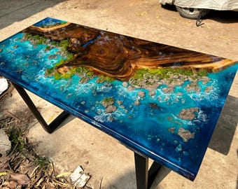 Luxury Ocean Epoxy Table, Live Edge Wood Coastal Furniture
