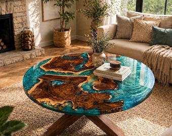 Custom Ocean Resin Table, Round Wood Epoxy Coffee Table Coastal Decor