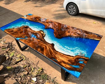 Luxury Ocean Epoxy Dining Table, Handmade Live Edge Resin River Table, Coastal Beach Furniture