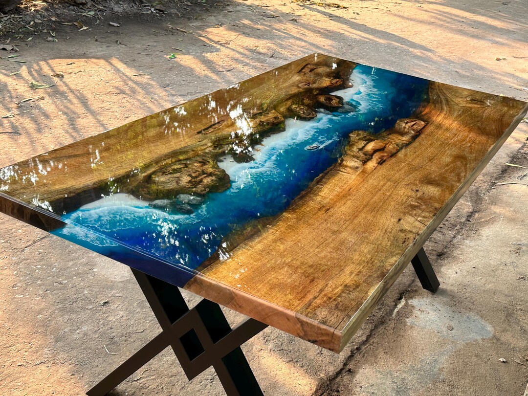 Custom Ocean Epoxy Table, Personalized Wood River Dining Table - Etsy
