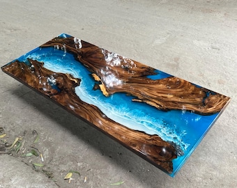 Custom Epoxy Ocean Table, Blue Resin River Table, Luxury Handmade Furniture