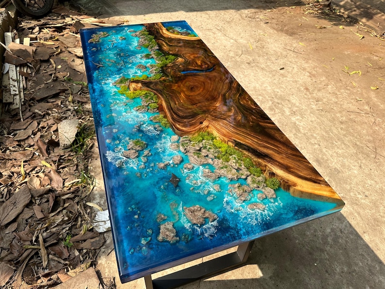 Custom Ocean Epoxy Resin Table, Live Edge Wood Dining Table - Etsy