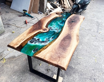 Personalized Epoxy River Table, Handmade Luxury Resin Dining Table