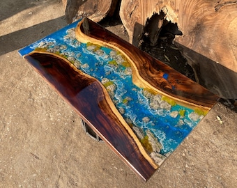 Customized Beautiful Landscape Epoxy Resin Table, Personalized Dark Wooden and Epoxy Resin Table Top,  Dining Room Table, Living Room Table
