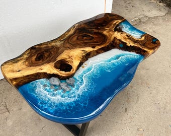 Handmade Ocean Resin Coffee Table, Live Edge Beach Table, Coastal Epoxy Wood Furniture