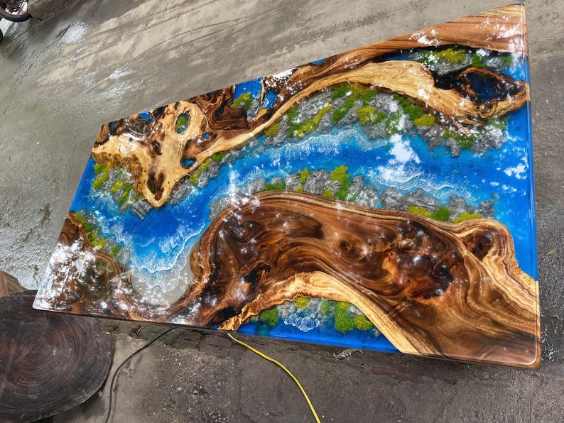 Custom Ocean Epoxy Resin Table, Live Edge Wood Dining Table - Etsy