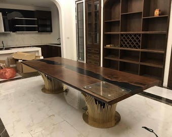 Custom Epoxy River Dining Table, Luxury Walnut Wood Table