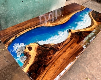 Customized Beautiful Epoxy Resin Table, Personalized Wooden and Epoxy Resin Table with Rocks, Dining Room Table, Living Room Table