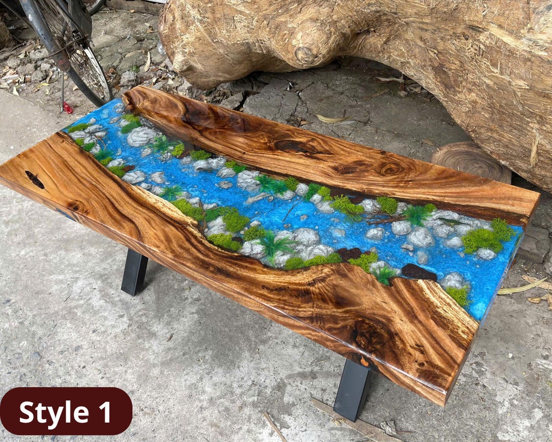 Handcrafted Blue River Epoxy Resin Table, Live Edge Wood, Jurassic ...