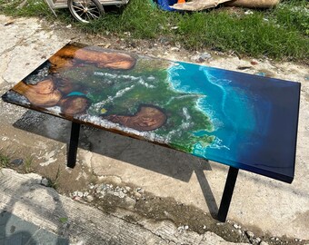 Mesa personalizada de resina epoxi con mapa, mesa de madera con borde natural Ocean Resin