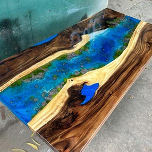 Personalized Ocean Landscape Epoxy Resin Table, Nature-Inspired Dining Table, Live Edge Epoxy Table Top, Artistic Wood, Resin Furniture