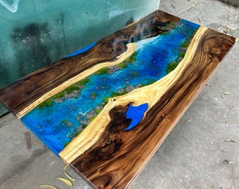 Personalized Ocean Landscape Epoxy Resin Table, Nature-Inspired Dining Table, Live Edge Epoxy Table Top, Artistic Wood, Resin Furniture