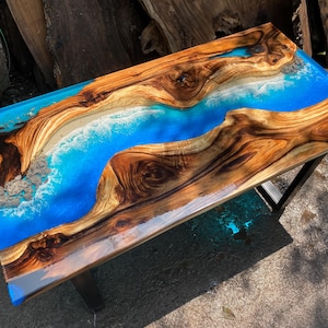 Customized Ocean Epoxy Resin Table, Personalized Resin Epoxy Table Top with Rock and Ocean Waves, Dining Room Table, Living Room Table
