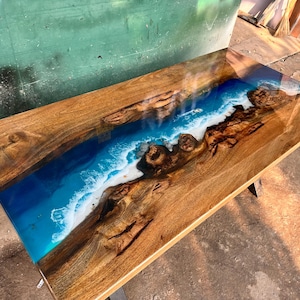 Customized Ocean Epoxy Resin Table, Personalized Resin Epoxy Table Top with Boat and Small Rocks, Dining Room Table, Living Room Table