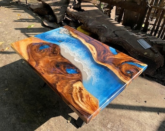 Custom Ocean Epoxy Resin Table, Handmade Live Edge Dining Table, Luxury Coastal Furniture