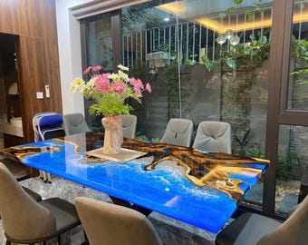 Custom Ocean Epoxy Resin Dining Table, Luxury Handmade Live Edge Coastal Furniture