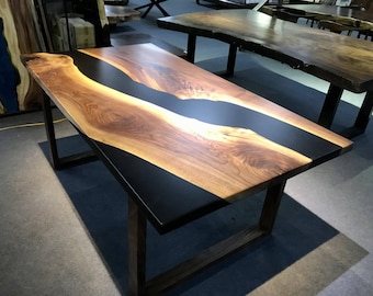 Custom Black Epoxy River Table, Luxury Wood Dining Table