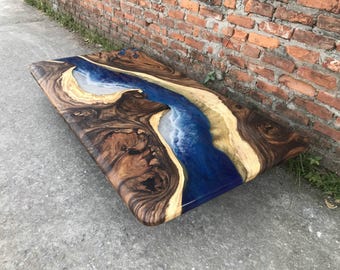 Blue Epoxy River Table, Wood Resin Dining Table, Custom Live Edge Table