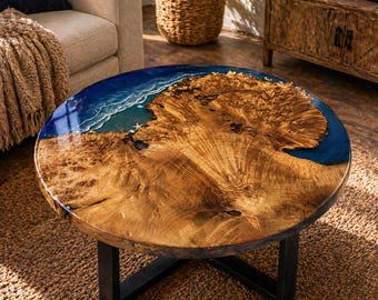 Custom Round Resin Table, Ocean Style Wood Table Handmade Luxury Decor