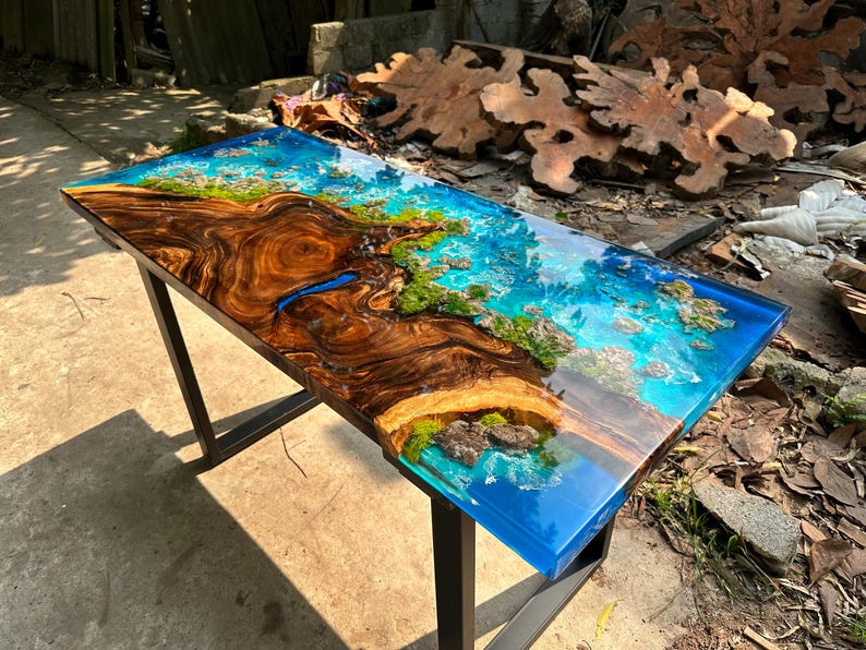Custom Ocean Epoxy Resin Table, Live Edge Wood Dining Table - Etsy