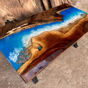 Customized Ocean Epoxy Resin Table, Personalized Dark Wooden and Resin Epoxy Table Top, Ocean Table, Dining Room Table, Living Room Table