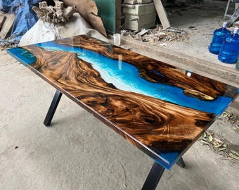 Luxury Ocean Epoxy Dining Table, Handmade Live Edge Resin Table, Coastal Beach Furniture
