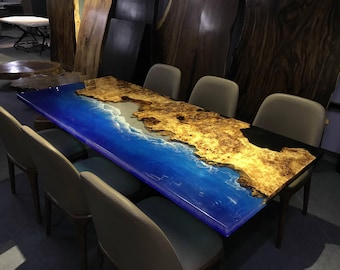 Custom Ocean Epoxy Dining Table, Luxury Beach Resin Table