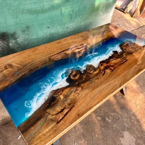 Customized Ocean Epoxy Resin Table, Personalized Resin Epoxy Table Top with Boat and Small Rocks, Dining Room Table, Living Room Table