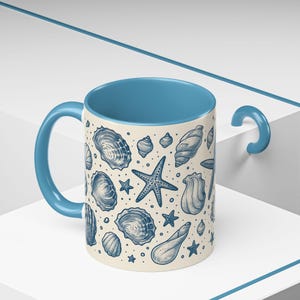 Seashells Accent Mug, Ocean Animals Coffee Cup, Coastal Beach Shell Sea Life Ceramic Mug, Ocean Lover Gift, Summer Beach Aquatic Animal Mug