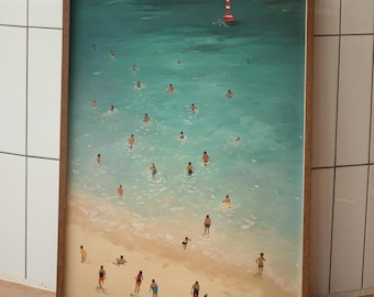 Coastal Wall Art, Tiny People Swimming in Ocean Print, Summer Poster, Beach House Decor, Aerial Beach Prints, Surf Wall Art,Digital Wall Art