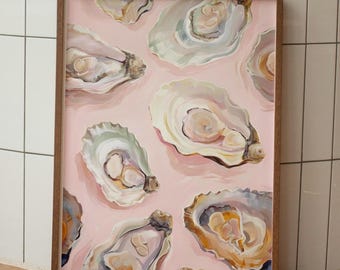 Stampa OYSTER WALL ART, dipinto murale astratto pastello colorato di una casa sulla spiaggia costiera, arte di una casa sulla spiaggia, stampa estiva per sala da pranzo e cucina