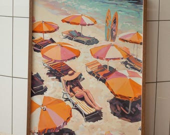Striped Beach Umbrella Beach Girl Wall Art, Colorful Aerial Coastal Poster, Pastel Summer Decor, Summer Girl Print, Beach House Poster Print