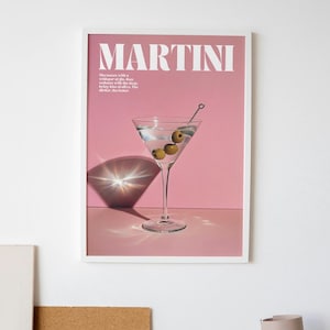 Pink Martini Art Print, 70s Wall Print, Martini Bar Art Drink Poster, Kitchen Wall Decor, Summer House Poster, Retro Print Digital Download