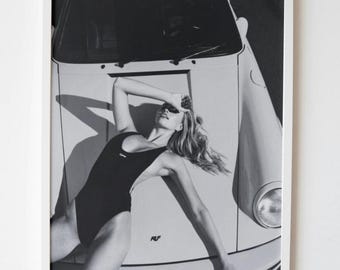 Retro Porsche 911-poster, zwart-witte muurkunst, Porsche Girls-print, vintage Porsche-poster, fotografie-prints, afdrukbare modeprint