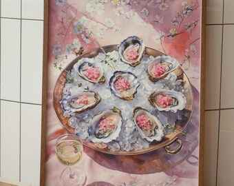 Luxus-Austern-Kunstdruck, moderne Küstenküche, rosa ästhetisches Wanddekor, Cocktailbar-Warenkorbdekor, Vintage Illustration
