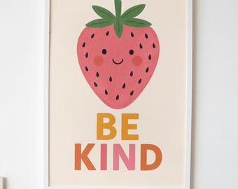 Poster "Sii gentile", citazione motivazionale da parete, decorazioni rosa per la cameretta dei bambini, decorazione murale con fragole, poster incoraggiante, affermazione positiva, arte con la frutta