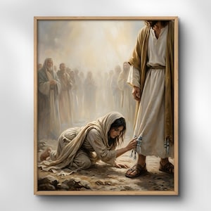 May include: A framed print of a biblical scene. A person kneels, touching the garment of another figure. Other figures stand in the background. The artwork is rendered in warm, earthy tones, with a focus on light and shadow.